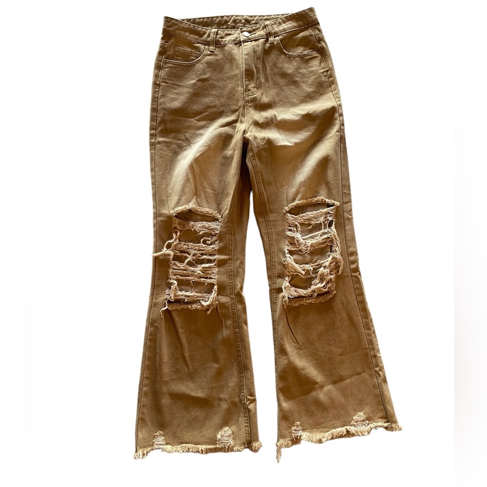 Men Jeans Distressed Denim Tan High Waisted Flared Pants Size M Great Condition